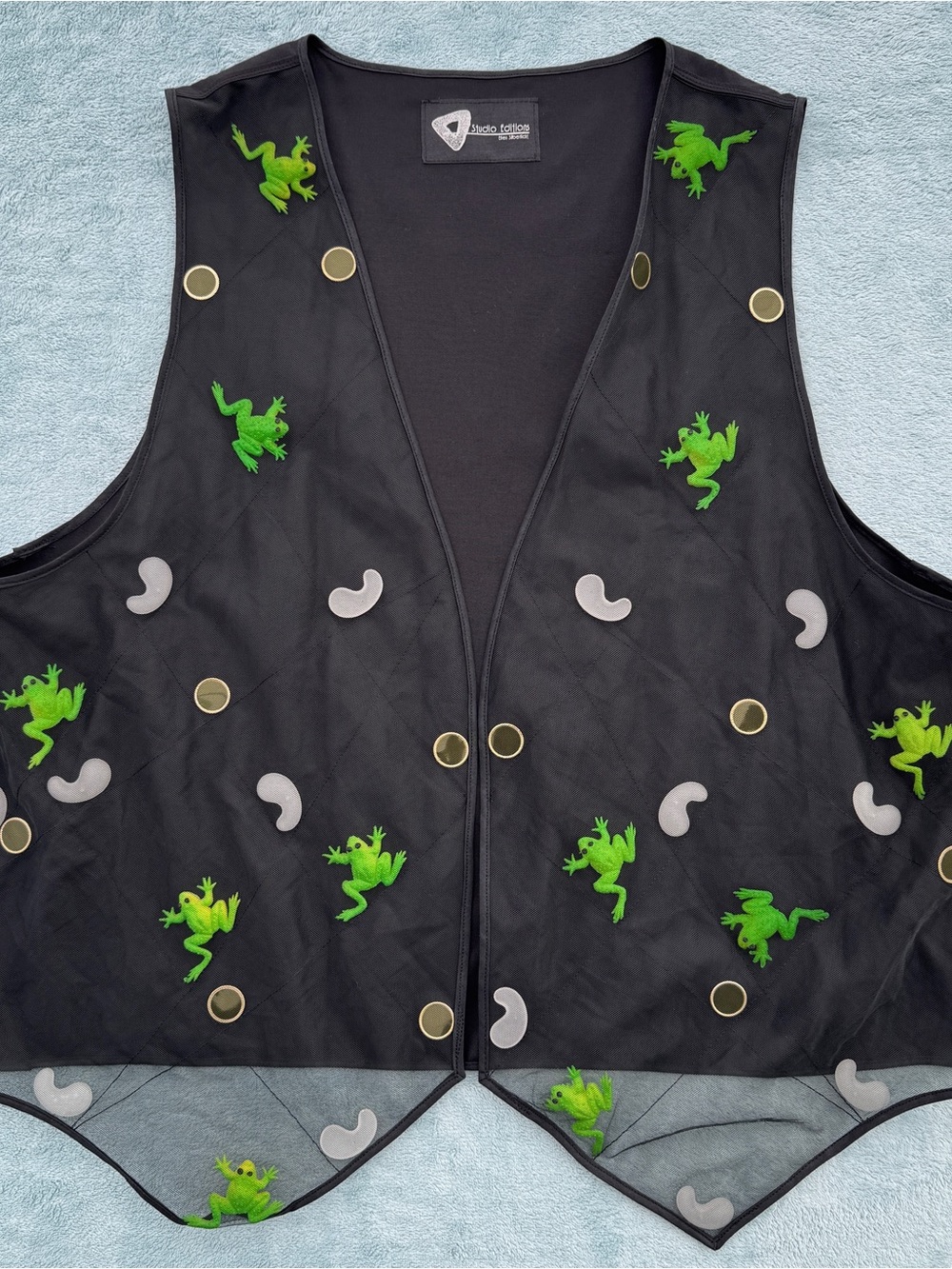 Black Mesh Vest with Green Frog Appliqués